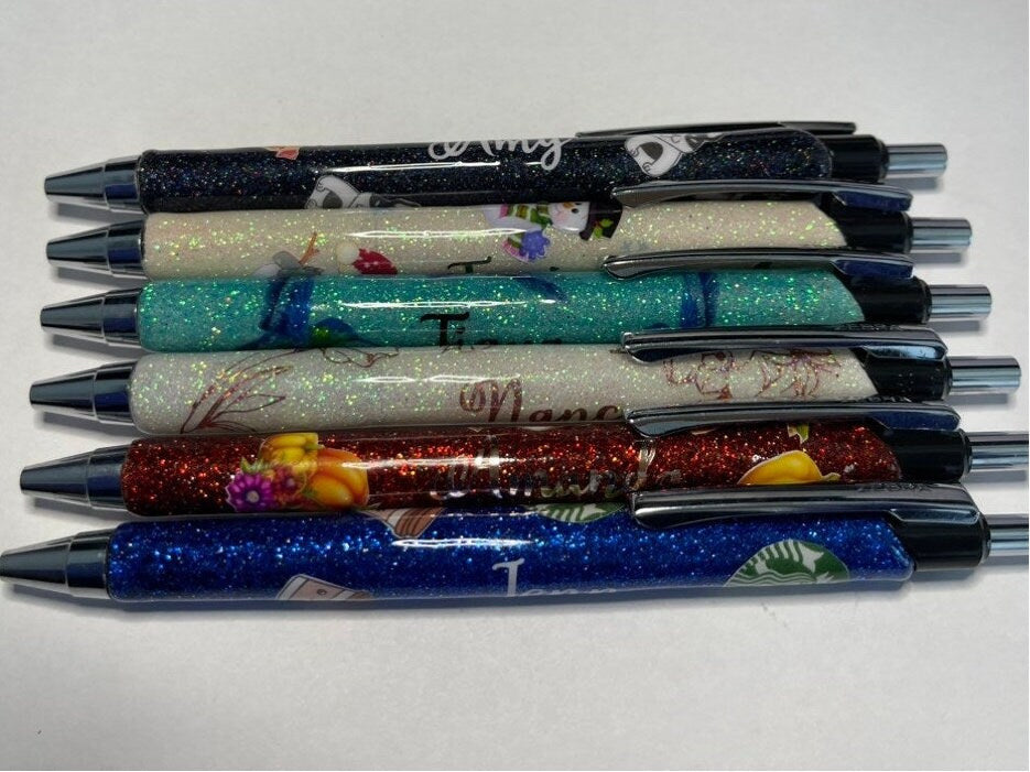 Custom name resin epoxy glitter pens with clip ballpoint pen retractable