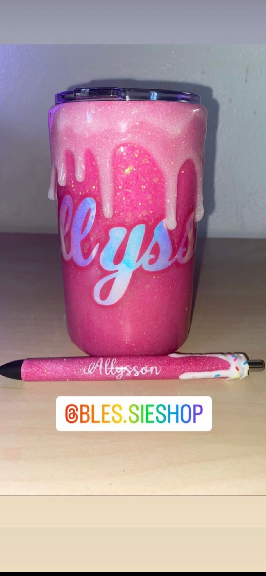 Personalized epoxy resin ice cream drip purple pink glitter  tumbler gift tumbler travel mug with lid 15oz cup frosting drip cute metal cup