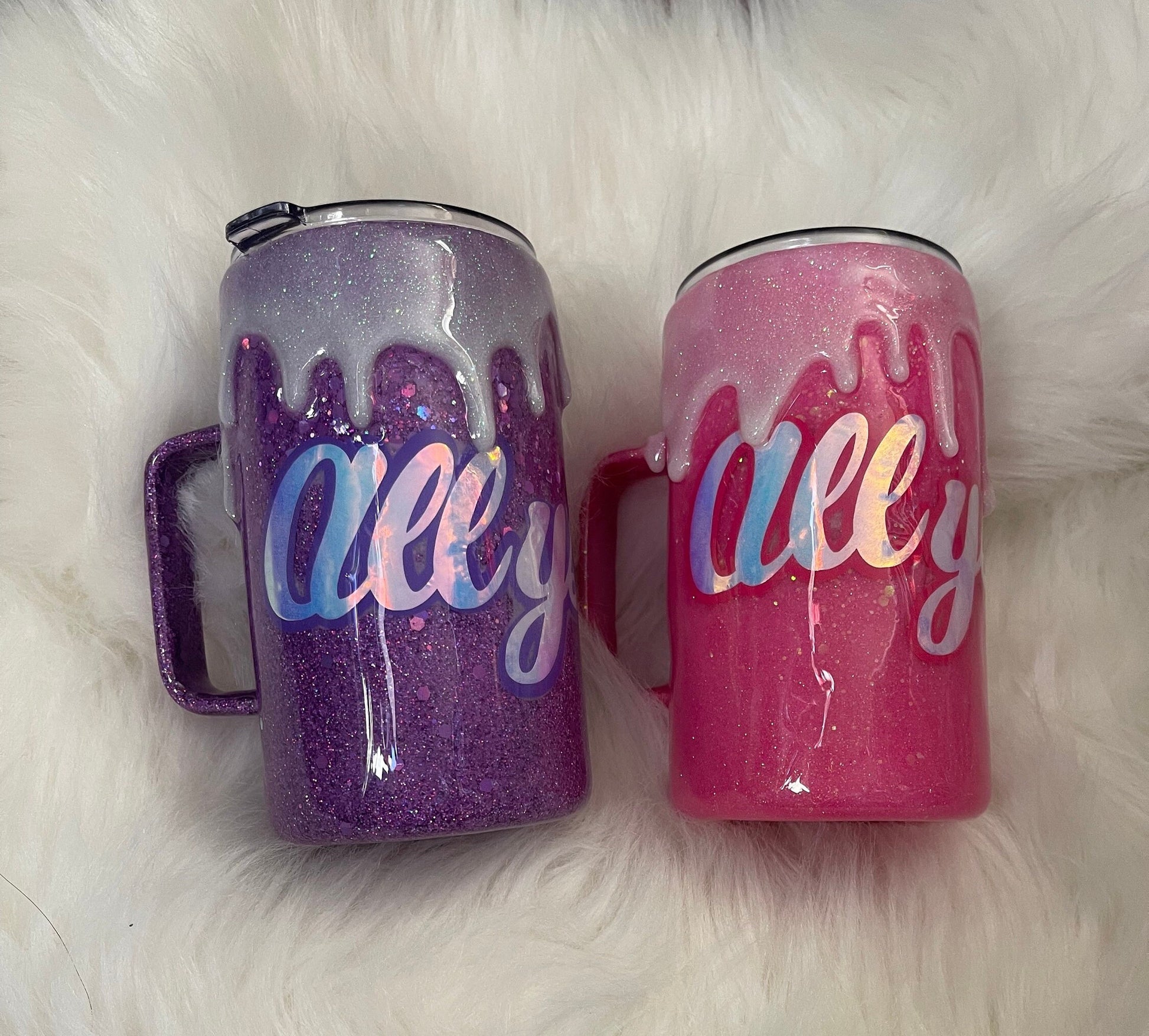 Personalized epoxy resin ice cream drip purple pink glitter  tumbler gift tumbler travel mug with lid 15oz cup frosting drip cute metal cup