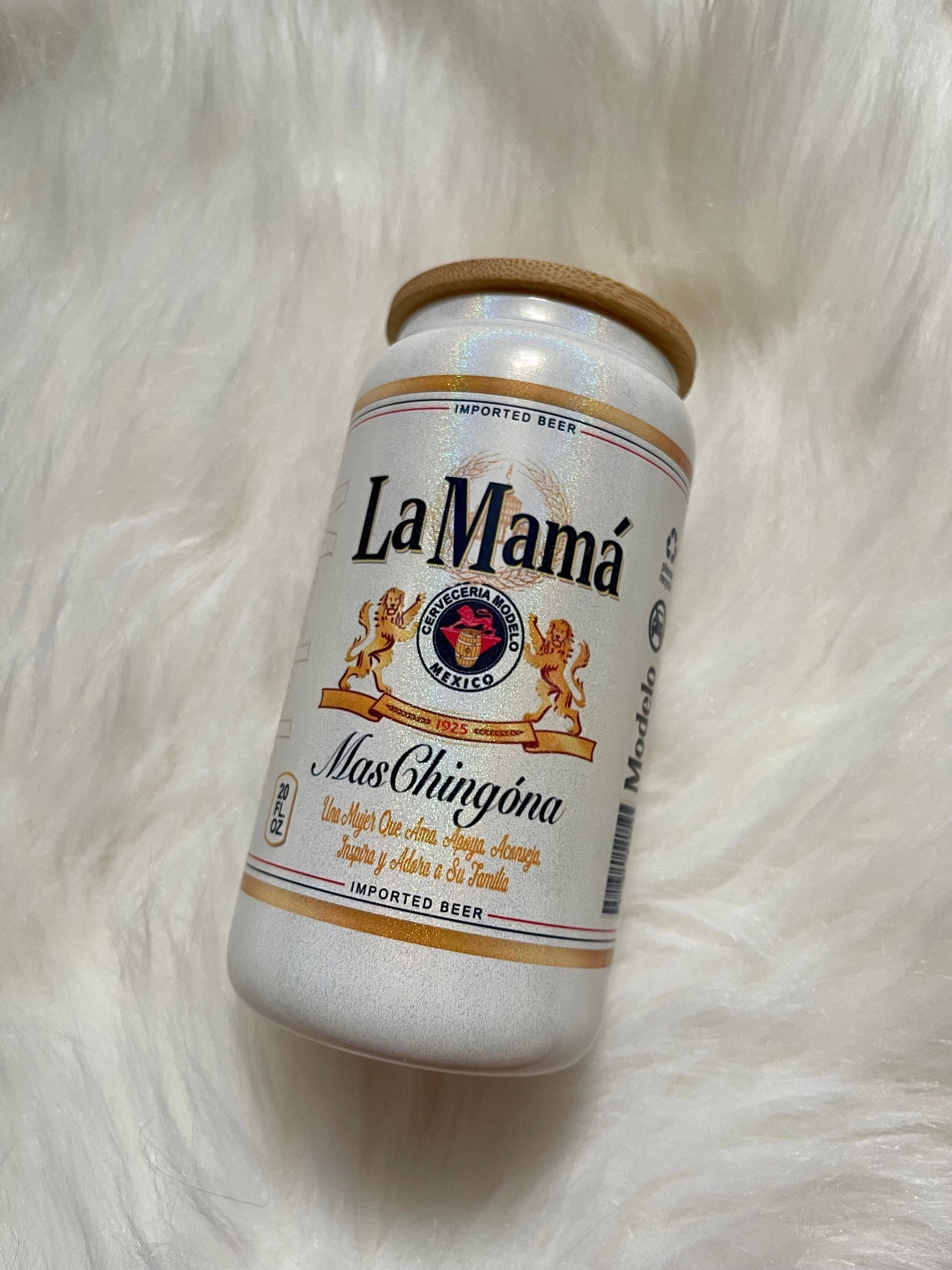 La MAMA mas Chingona beer glass can Modelo 16oz Shimmer Libbey’s pink glass can tumbler mother’s day gift wood lid with straw