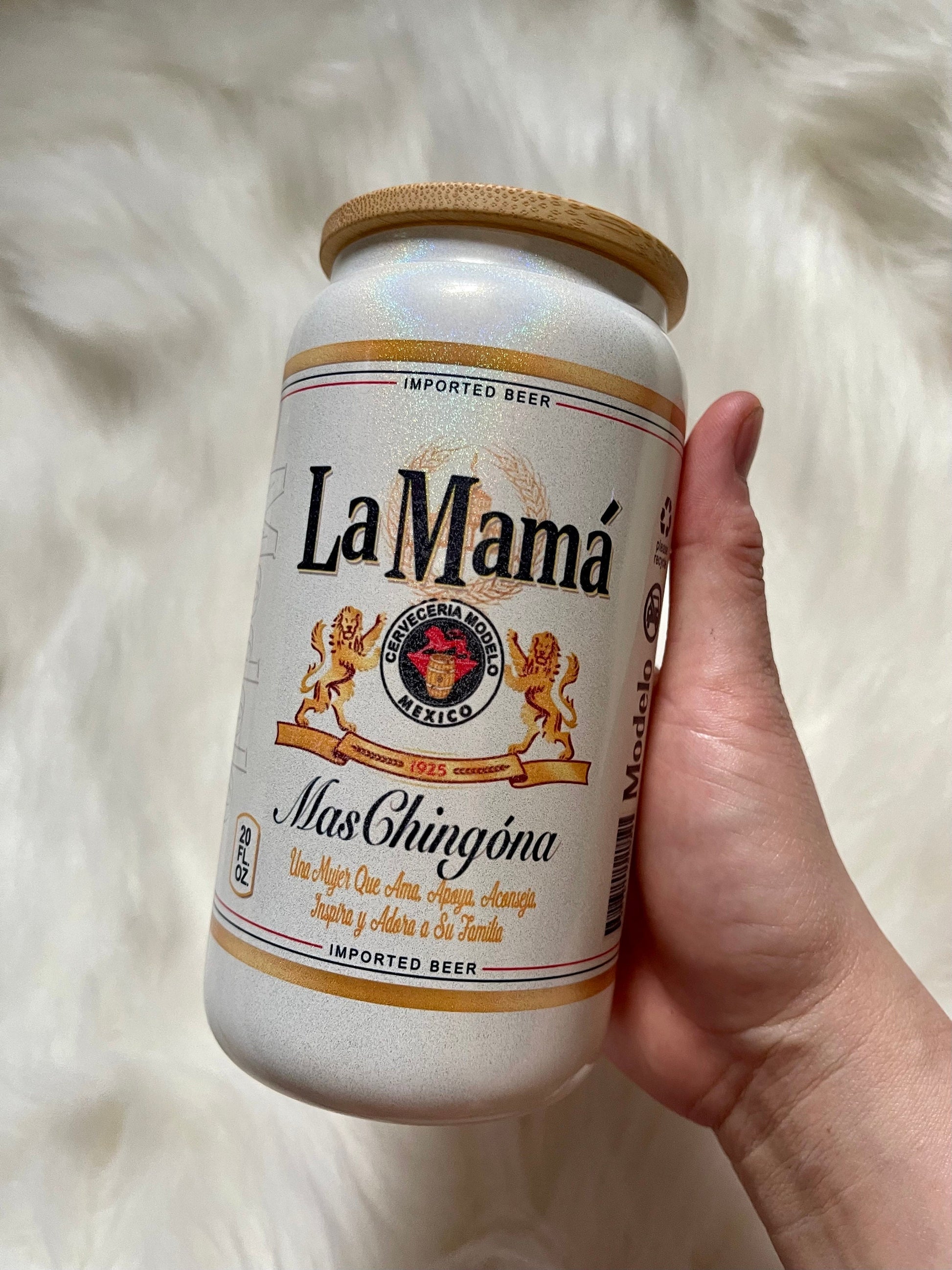 La MAMA mas Chingona beer glass can Modelo 16oz Shimmer Libbey’s pink glass can tumbler mother’s day gift wood lid with straw